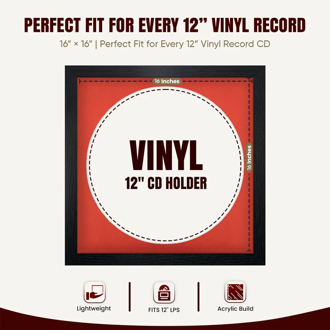 16x16" Modern Black Vinyl Record Frame With Poppy Red Mount For 12" LP Discs | Elegant Frame For Music Lovers thumbnail 3