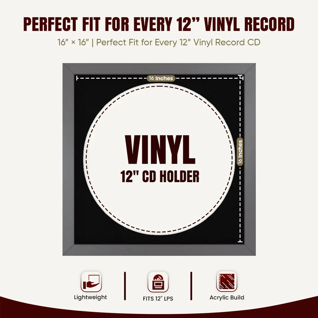 16x16" Modern Dark Grey Vinyl Record Frame With Black Mount For 12" LP Discs | Contemporary Wall Display thumbnail 3