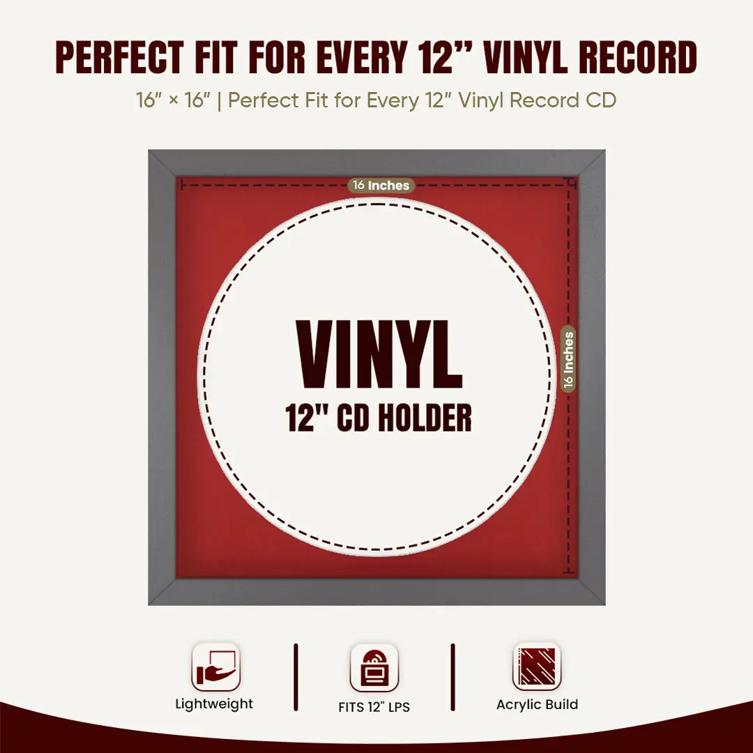 16x16" Modern Dark Grey Vinyl Record Frame With Crimson Mount For 12" LP Discs | Premium Wall Frame For Music Enthusiasts thumbnail 3