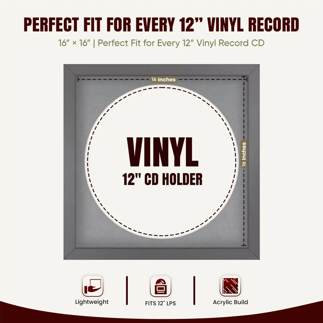 16x16" Modern Dark Grey Vinyl Record Frame With Mid Grey Mount For 12" LP Discs | Contemporary Wall Display thumbnail 3