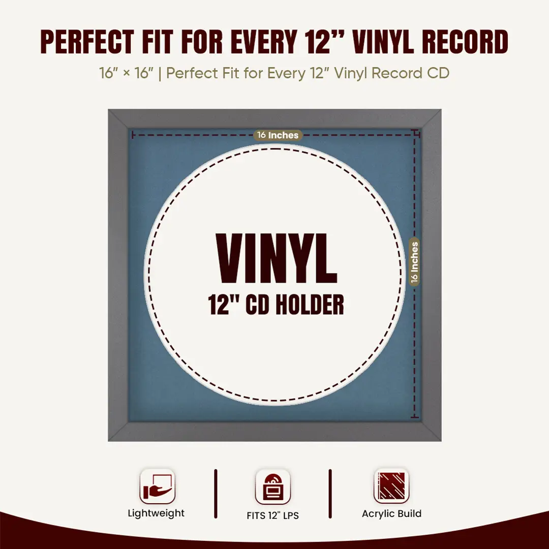 16x16" Modern Dark Grey Vinyl Record Frame With Pompador Mount For 12" LP Discs | Contemporary Wall Display thumbnail 3