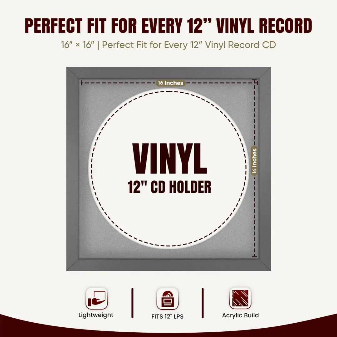 16x16" Modern Dark Grey Vinyl Record Frame With Silver Mount For 12" LP Discs | Elegant Frame For Music Lovers thumbnail 3