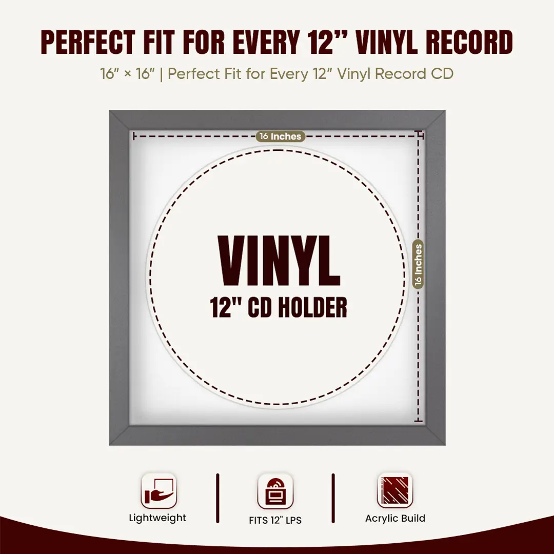 16x16" Modern Dark Grey Vinyl Record Frame With Ice White Mount For 12" LP Discs | Elegant Frame For Music Lovers thumbnail 3