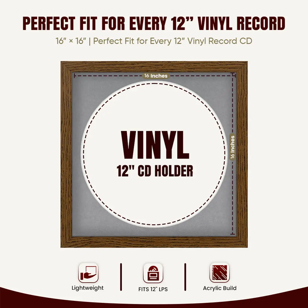 16x16" Modern Dark Oak Vinyl Record Frame With Mid Grey Mount For 12" LP Discs | Contemporary Wall Display thumbnail 3
