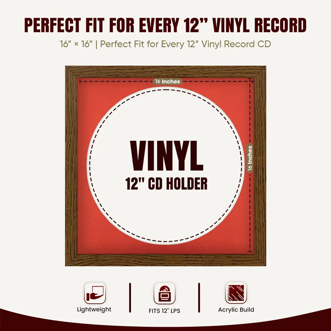 16x16" Modern Dark Oak Vinyl Record Frame With Poppy Red Mount For 12" LP Discs | Contemporary Wall Display thumbnail 3