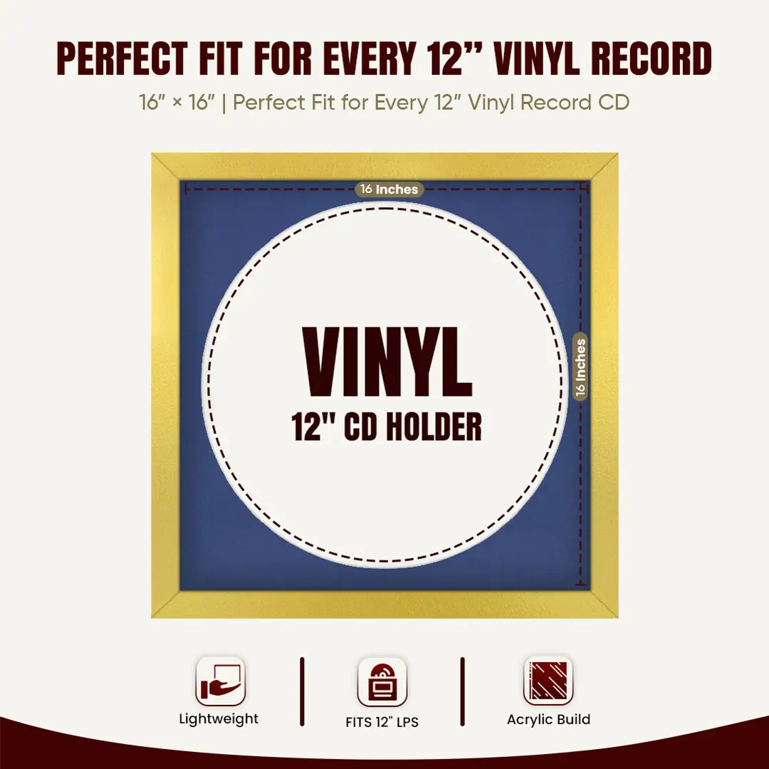 16x16" Modern Gold Vinyl Record Frame With Blue Mount For 12" LP Discs | Contemporary Wall Display thumbnail 3
