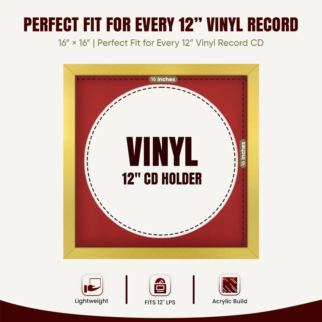 16x16" Modern Gold Vinyl Record Frame With Crimson Mount For 12" LP Discs | Contemporary Wall Display thumbnail 3