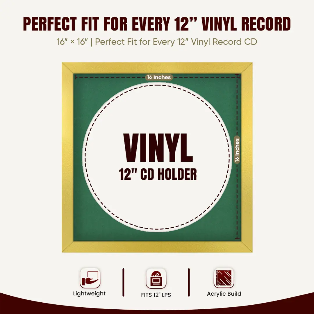 16x16" Modern Gold Vinyl Record Frame With Emerald (Green) Mount For 12" LP Discs | Elegant Frame For Music Lovers thumbnail 3