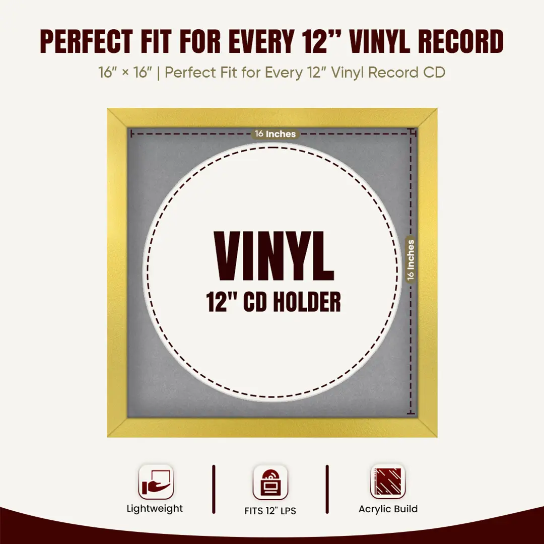 16x16" Modern Gold Vinyl Record Frame With Mid Grey Mount For 12" LP Discs | Contemporary Wall Display thumbnail 3