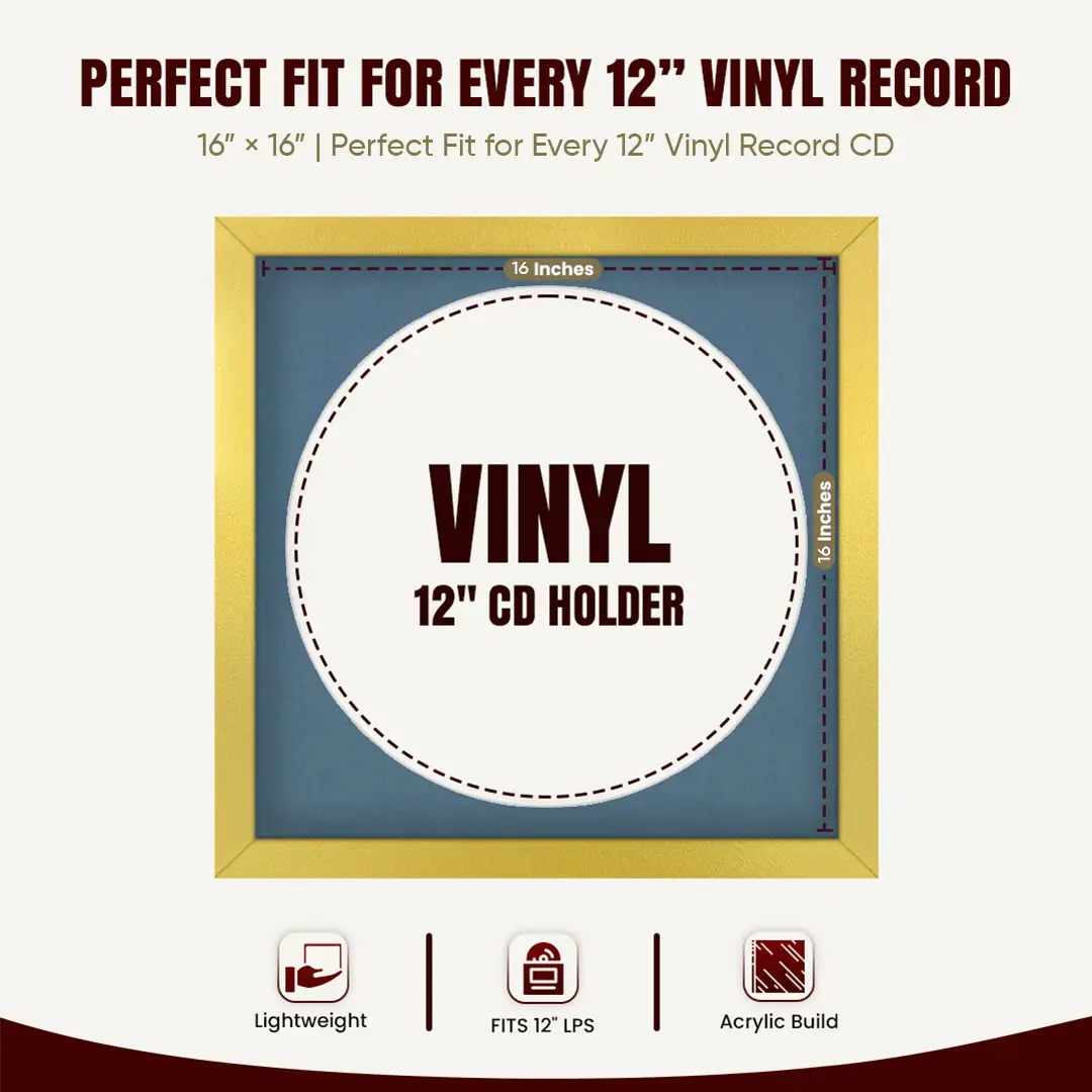 16x16" Modern Gold Vinyl Record Frame With Pompador Mount For 12" LP Discs | Contemporary Wall Display thumbnail 3