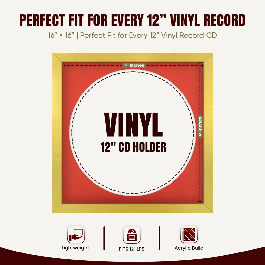 16x16" Modern Gold Vinyl Record Frame With Poppy Red Mount For 12" LP Discs | Elegant Frame For Music Lovers thumbnail 3