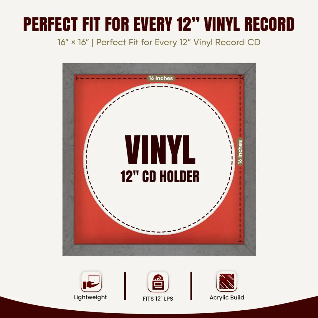 16x16" Modern Grey Marble Vinyl Record Frame With Poppy Red Mount For 12" LP Discs | Elegant Frame For Music Lovers thumbnail 3