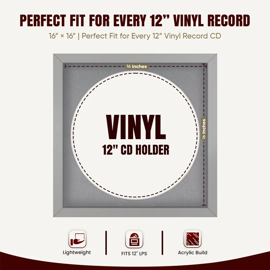 16x16" Modern Light Grey Vinyl Record Frame With Mid Grey Mount For 12" LP Discs | Elegant Frame For Music Lovers thumbnail 3
