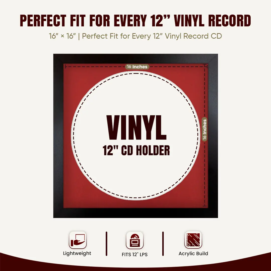 16x16" Modern Mat Black Vinyl Record Frame With Crimson Mount For 12" LP Discs | Elegant Frame For Music Lovers thumbnail 3