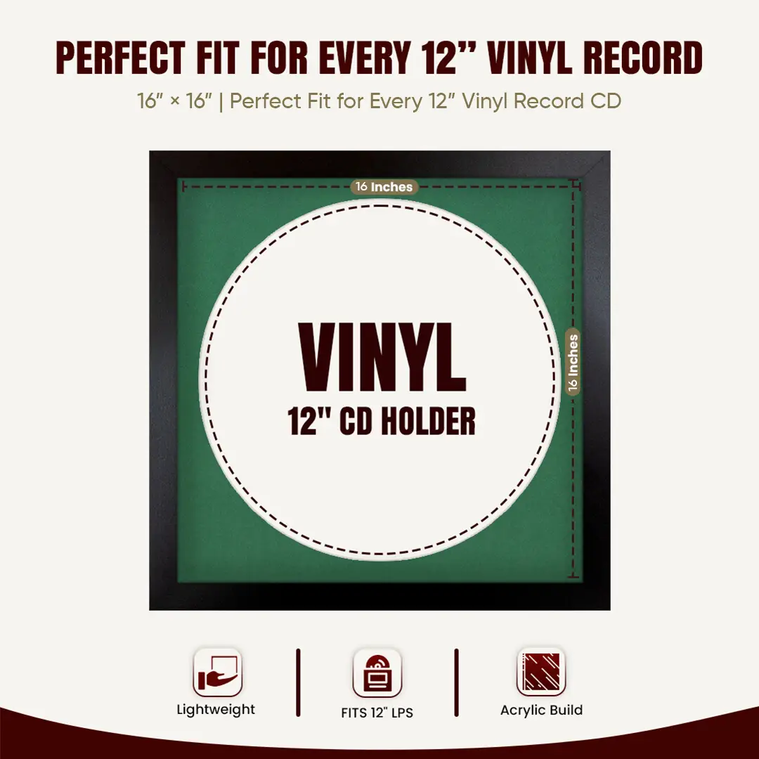 16x16" Modern Matte Black Vinyl Record Frame With Emerald (Green) Mount For 12" LP Discs | Elegant Frame For Music Lovers thumbnail 3