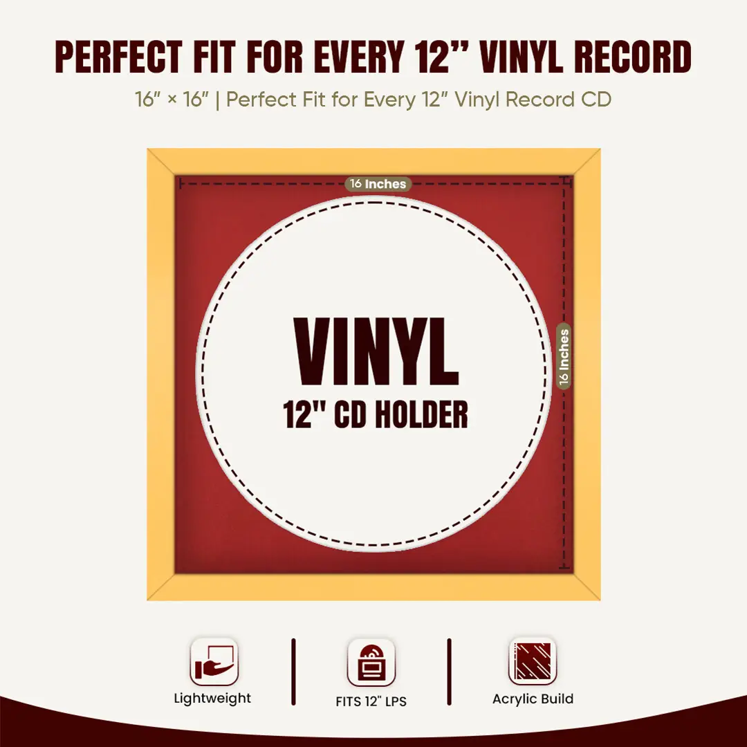 16x16" Modern Mustard Yellow Vinyl Record Frame With Crimson Mount For 12" LP Discs | Elegant Frame For Music Lovers thumbnail 3