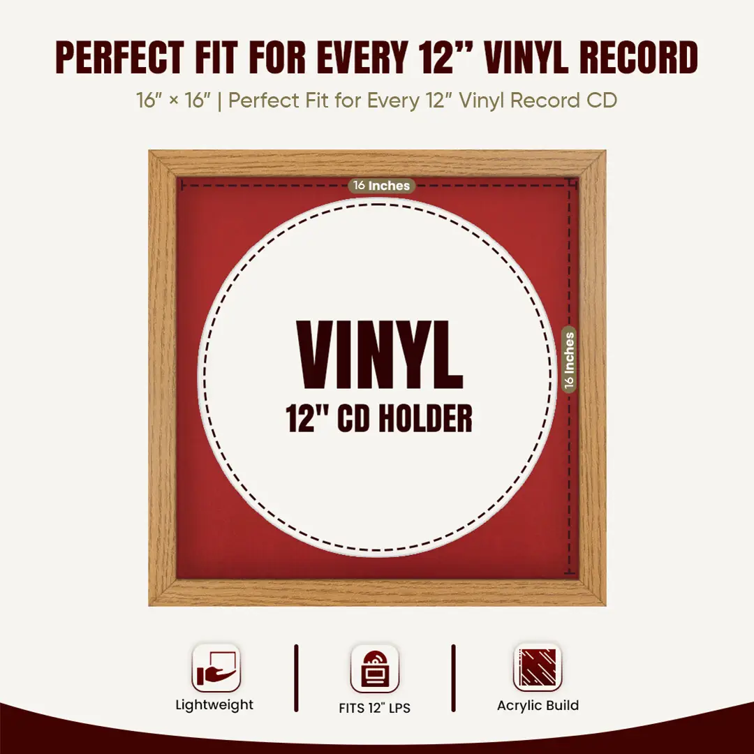 16x16" Modern Oak Vinyl Record Frame With Crimson Mount For 12" LP Discs | Contemporary Wall Display thumbnail 3