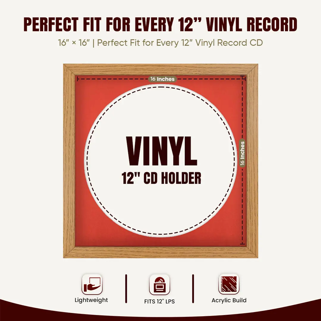 16x16" Modern Oak Vinyl Record Frame With Poppy Red Mount For 12" LP Discs | Premium Wall Frame For Music Enthusiasts thumbnail 3
