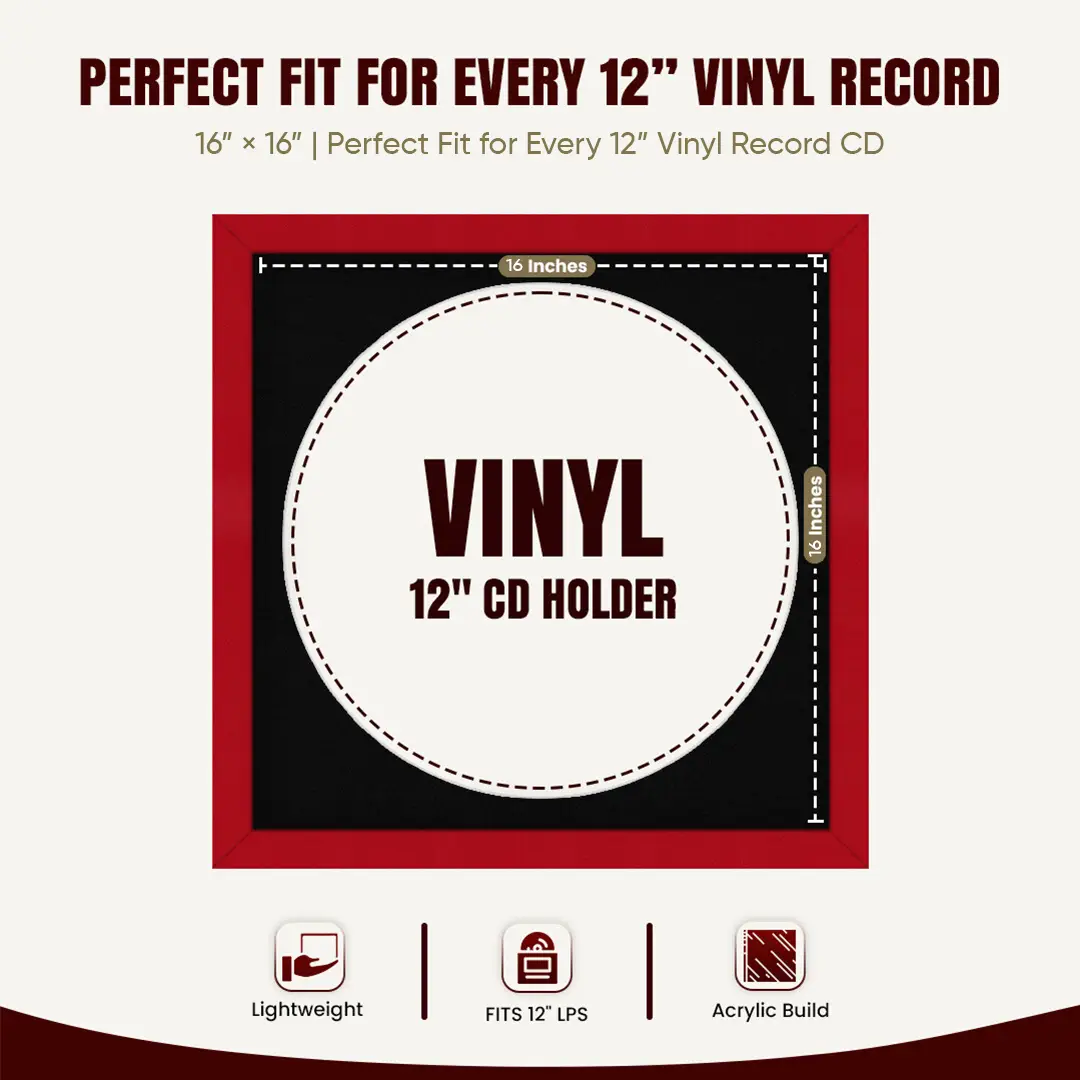 16x16" Modern Red Vinyl Record Frame With Black Mount For 12" LP Discs | Elegant Frame For Music Lovers thumbnail 3