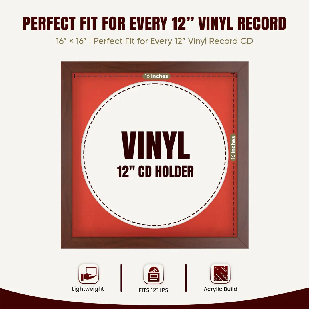 16x16" Modern Rose Wood Vinyl Record Frame With Poppy Red Mount For 12" LP Discs | Elegant Frame For Music Lovers thumbnail 3