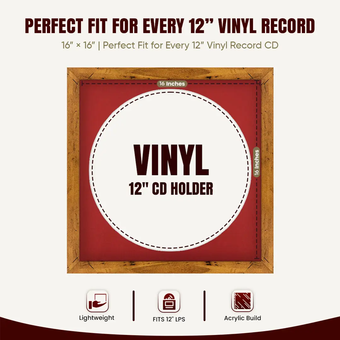 16x16" Modern Rustic Oak Vinyl Record Frame With Crimson Mount For 12" LP Discs | Premium Wall Frame For Music Enthusiasts thumbnail 3