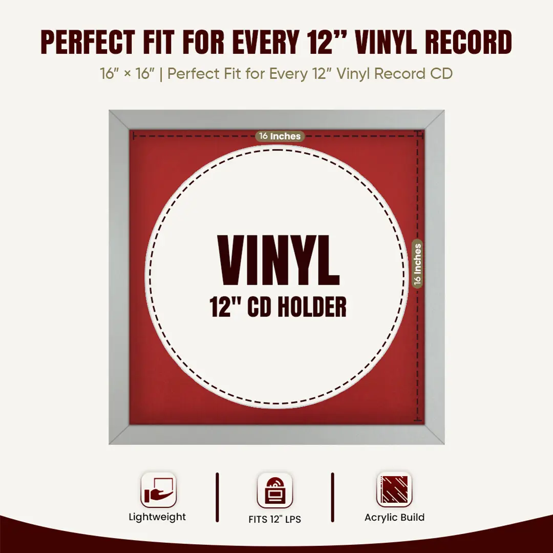 16x16" Modern Silver Vinyl Record Frame With Crimson Mount For 12" LP Discs | Premium Wall Frame For Music Enthusiasts thumbnail 3