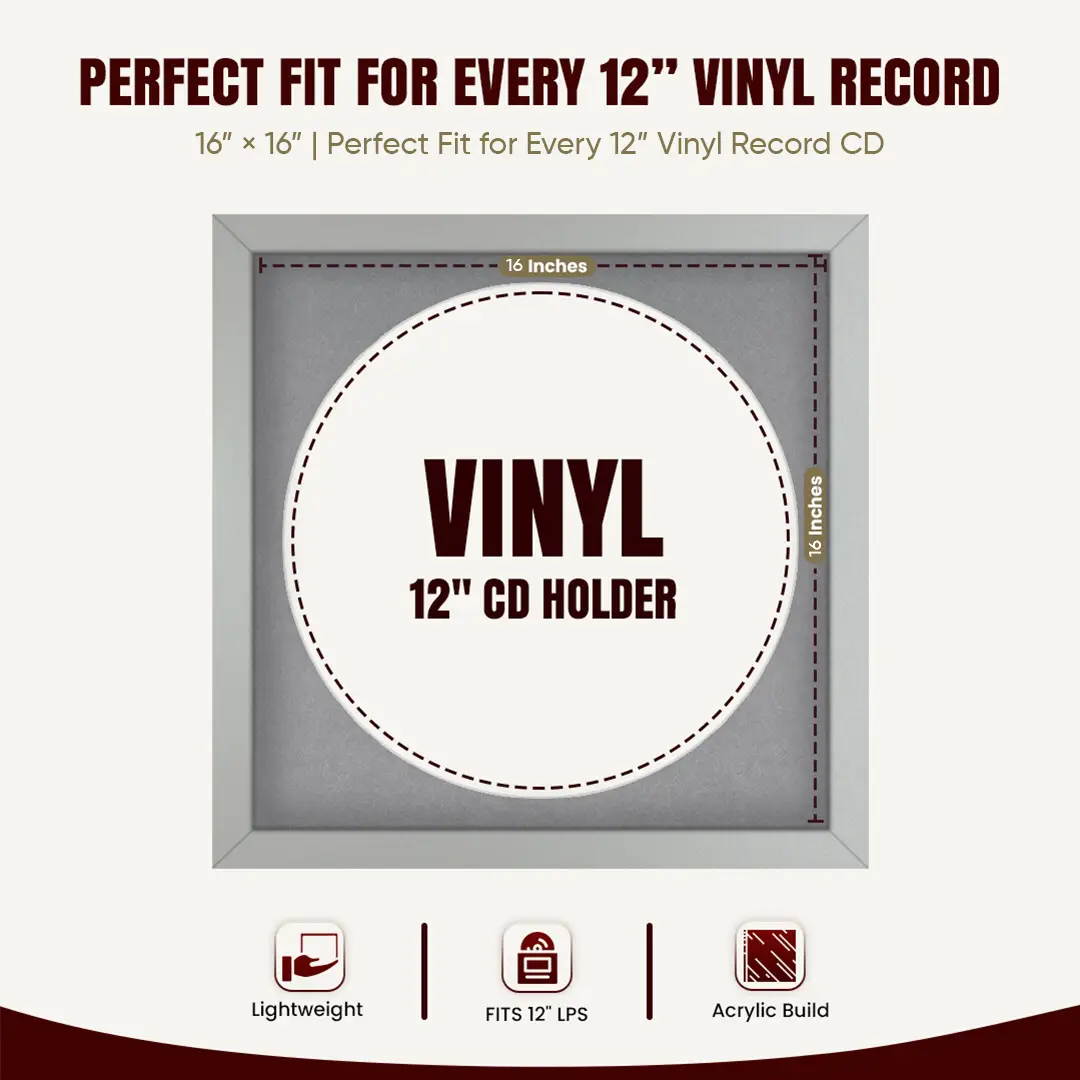 16x16" Modern Silver Vinyl Record Frame With Mid Grey Mount For 12" LP Discs | Elegant Frame For Music Lovers thumbnail 3