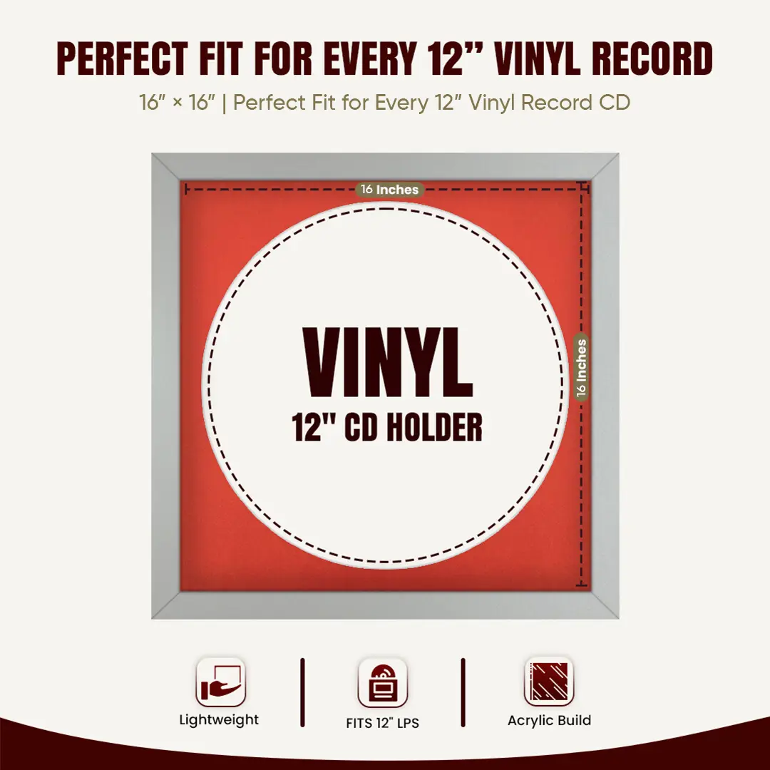 16x16" Modern Silver Vinyl Record Frame With Poppy Red Mount For 12" LP Discs | Premium Wall Frame For Music Enthusiasts thumbnail 3