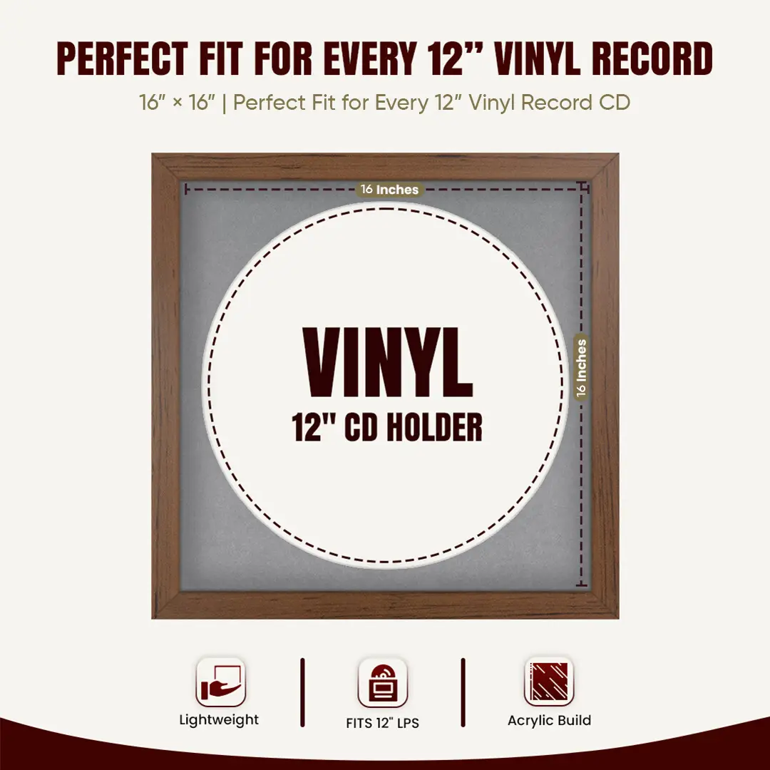 16x16" Modern Walnut Vinyl Record Frame With Mid Grey Mount For 12" LP Discs | Premium Wall Frame For Music Enthusiasts thumbnail 3