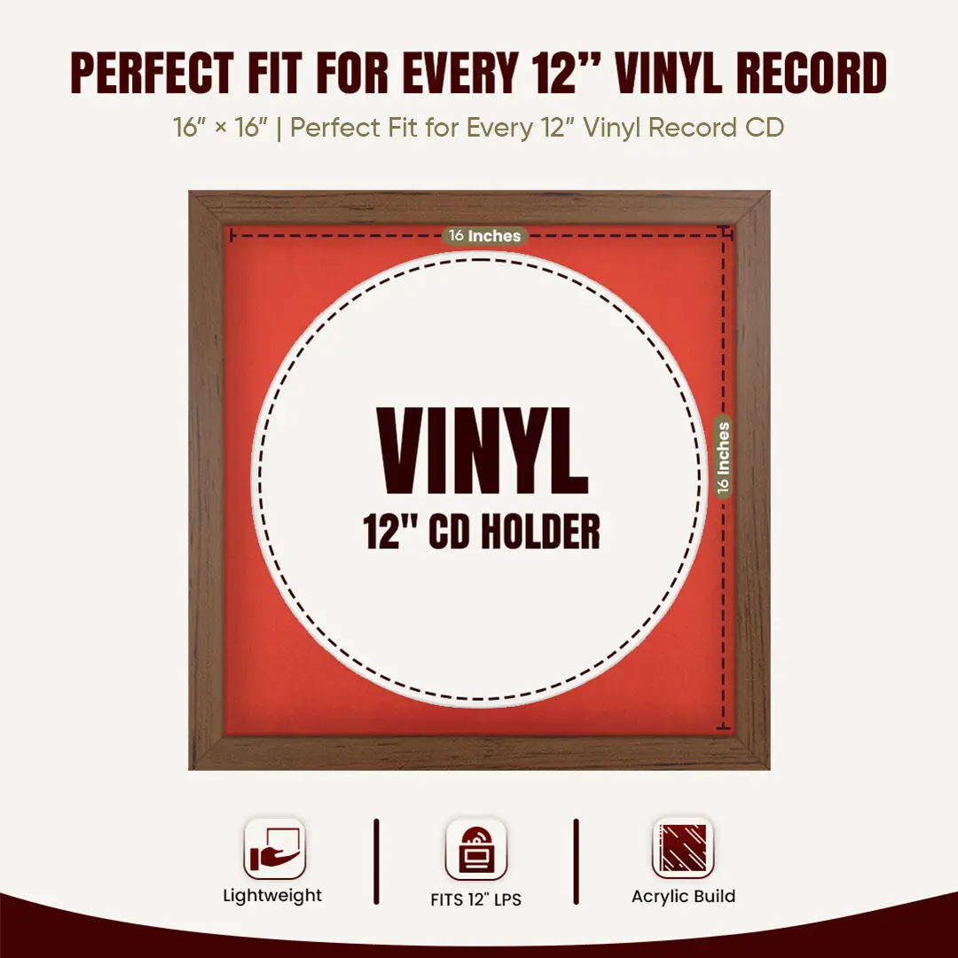 16x16" Modern Walnut Vinyl Record Frame With Poppy Red Mount For 12" LP Discs | Premium Wall Frame For Music Enthusiasts thumbnail 3