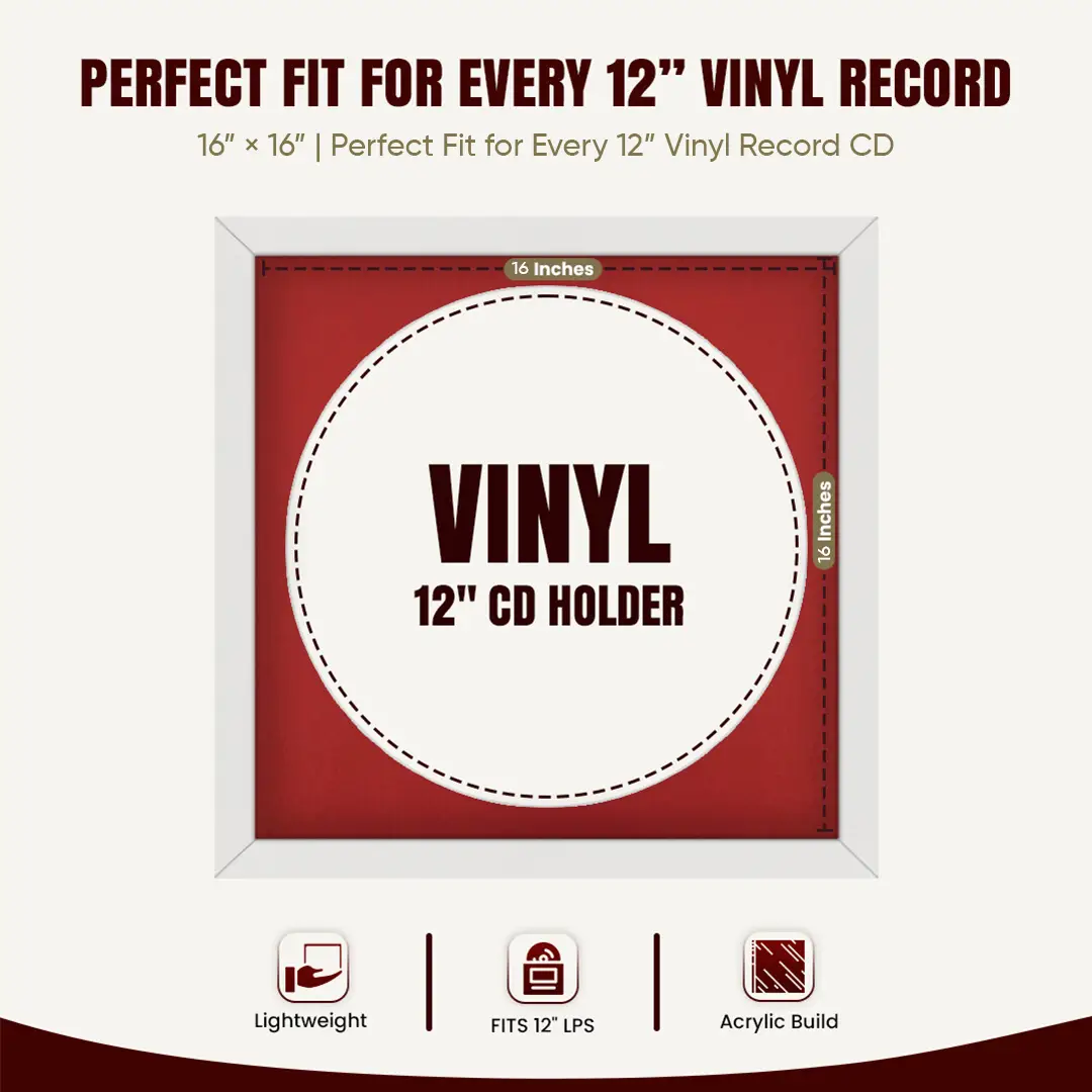 16x16" Modern White Vinyl Record Frame With Crimson Mount For 12" LP Discs | Elegant Frame For Music Lovers thumbnail 3