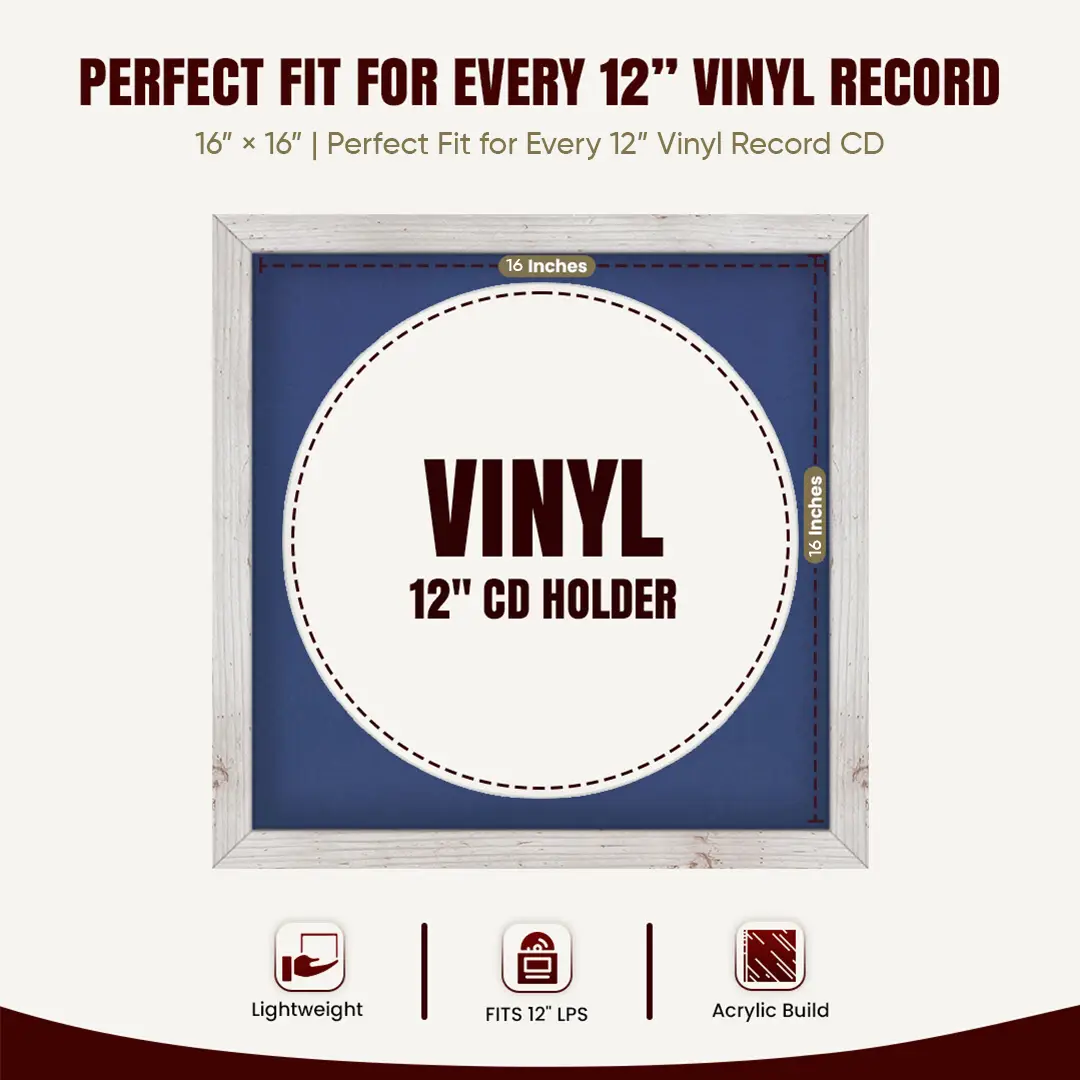 16x16" Modern White Rustic Vinyl Record Frame With Blue Mount For 12" LP Discs | Elegant Frame For Music Lovers thumbnail 3