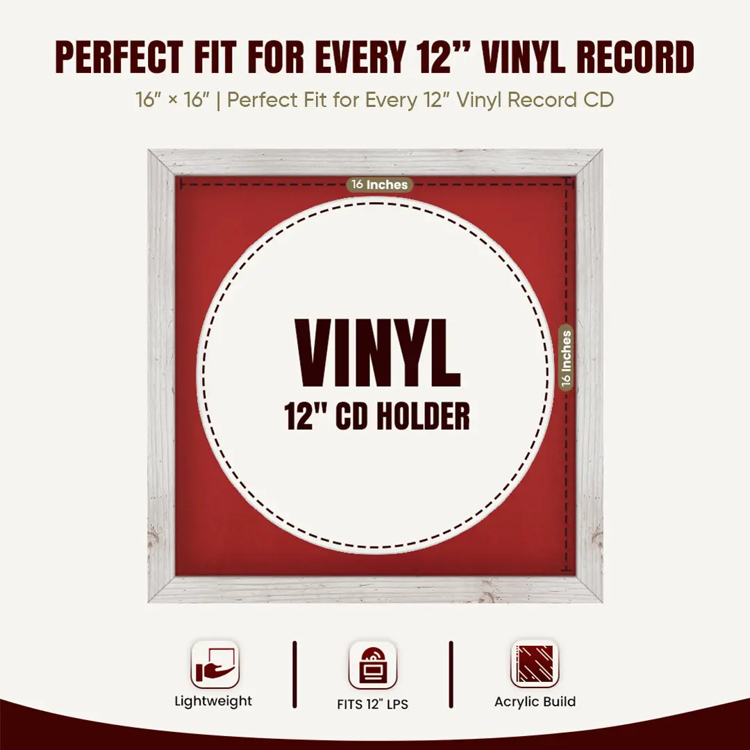 16x16" Modern White Rustic Vinyl Record Frame With Crimson Mount For 12" LP Discs | Elegant Frame For Music Lovers thumbnail 3
