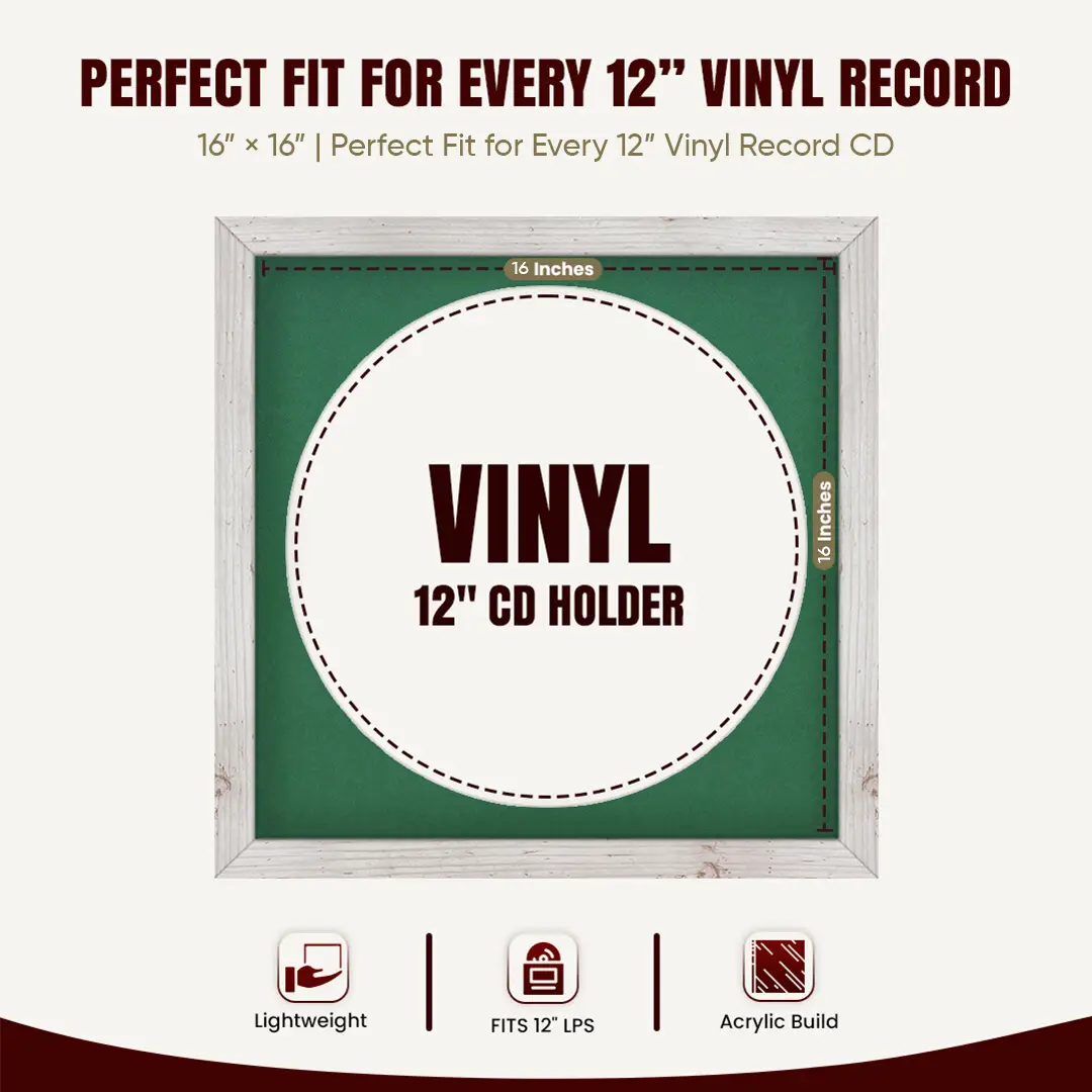 16x16" Modern White Rustic Vinyl Record Frame With Emerald (Green) Mount For 12" LP Discs | Elegant Frame For Music Lovers thumbnail 3