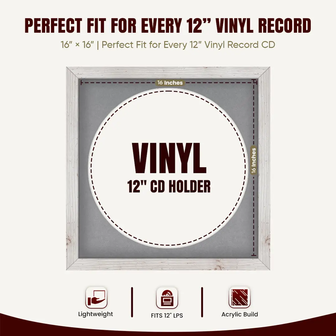 16x16" Modern White Rustic Vinyl Record Frame With Mid Grey Mount For 12" LP Discs | Premium Wall Frame For Music Enthusiasts thumbnail 3