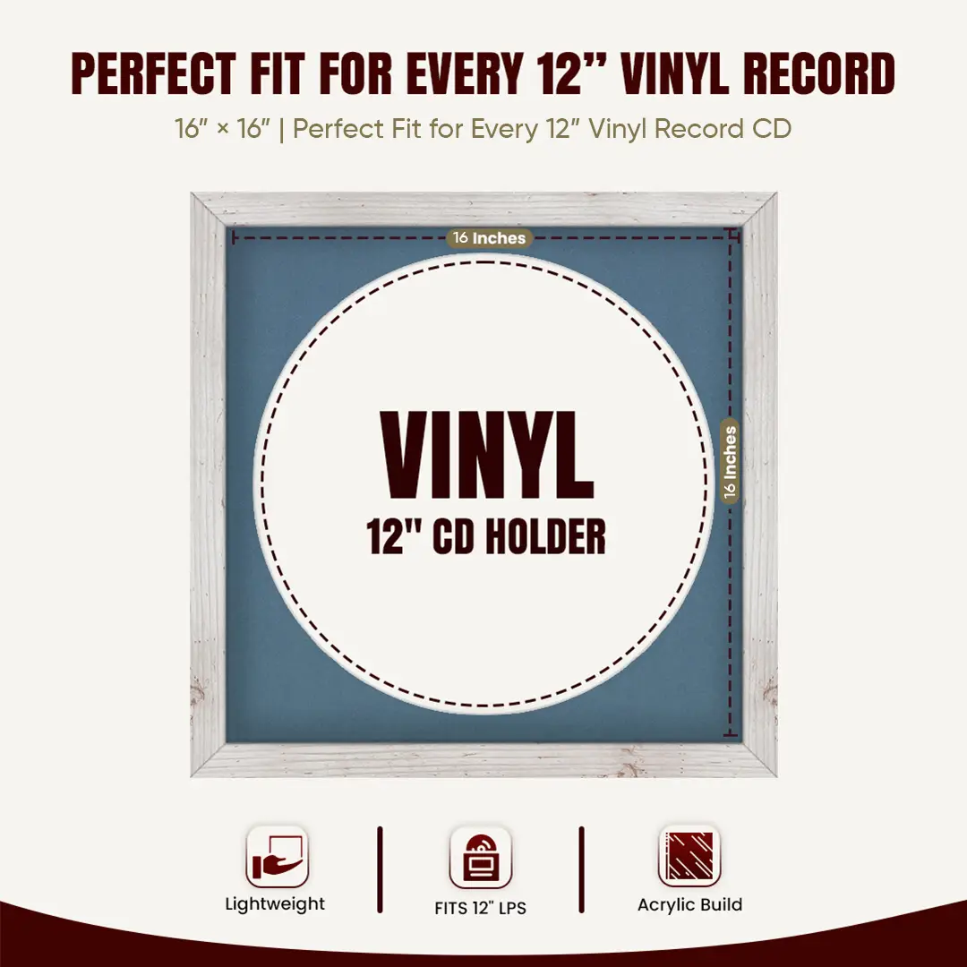 16x16" Modern White Rustic Vinyl Record Frame With Pompador Mount For 12" LP Discs | Contemporary Wall Display thumbnail 3