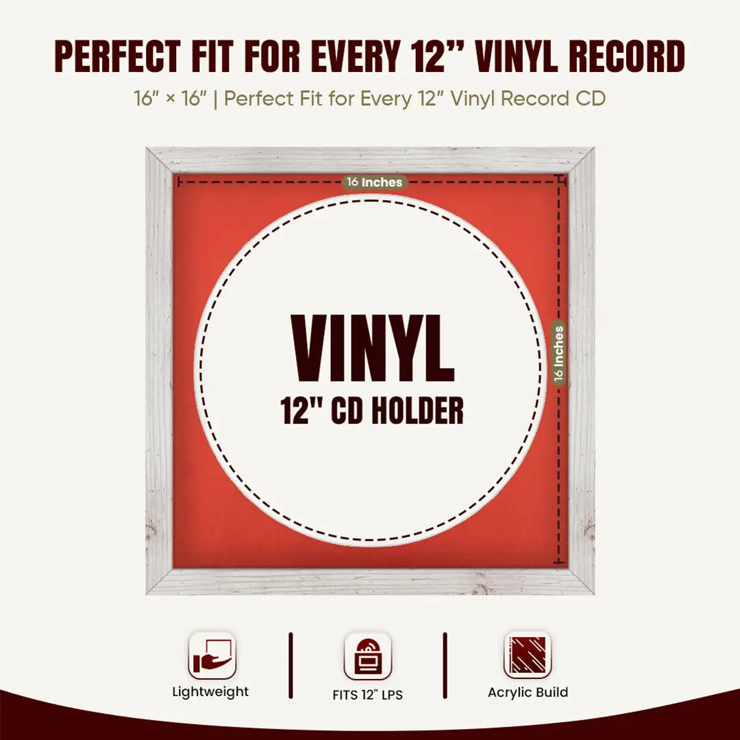 16x16" Modern White Rustic Vinyl Record Frame With Poppy Red Mount For 12" LP Discs | Elegant Frame For Music Lovers thumbnail 3