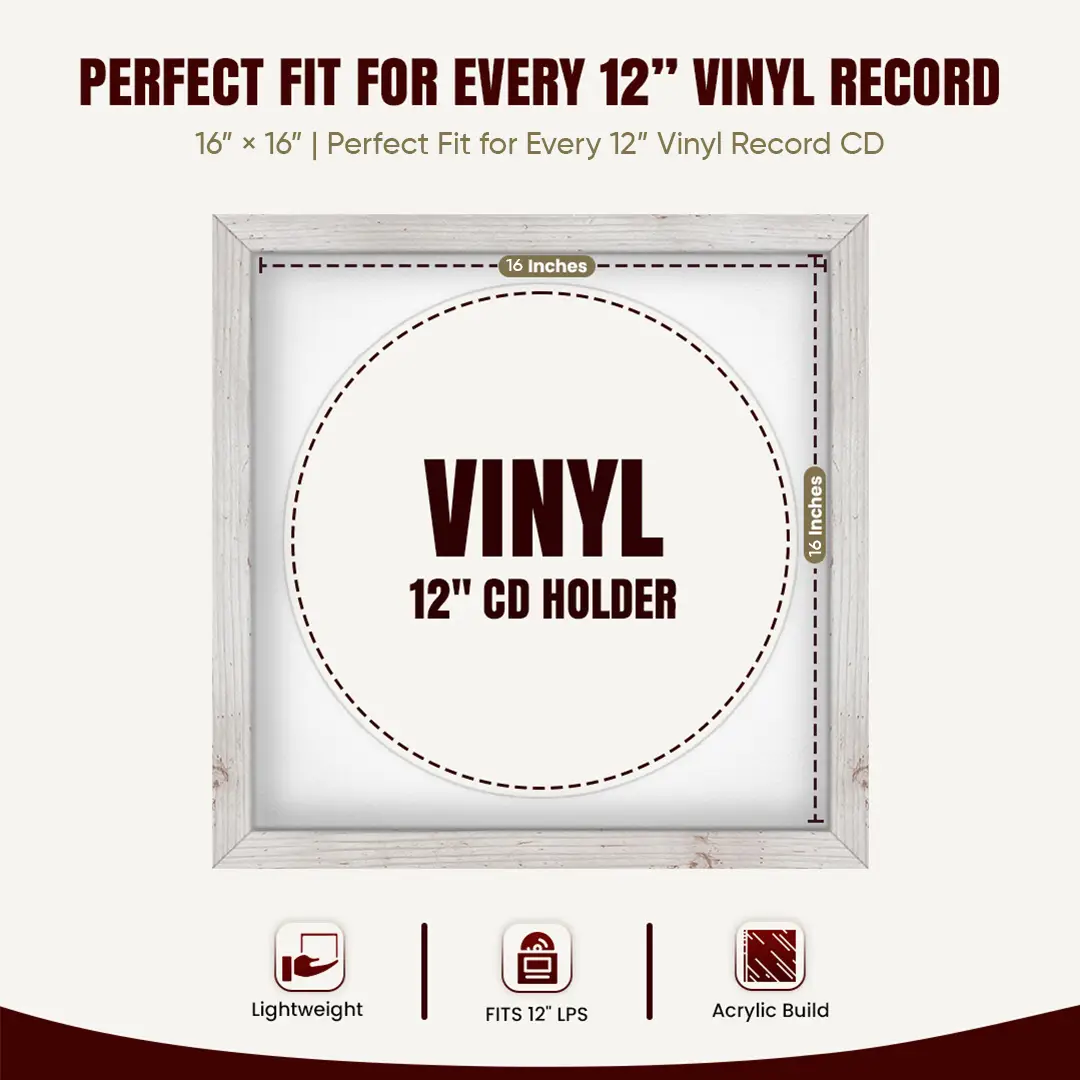 16x16" Modern White Rustic Vinyl Record Frame With Ice White Mount For 12" LP Discs | Elegant Frame For Music Lovers thumbnail 3