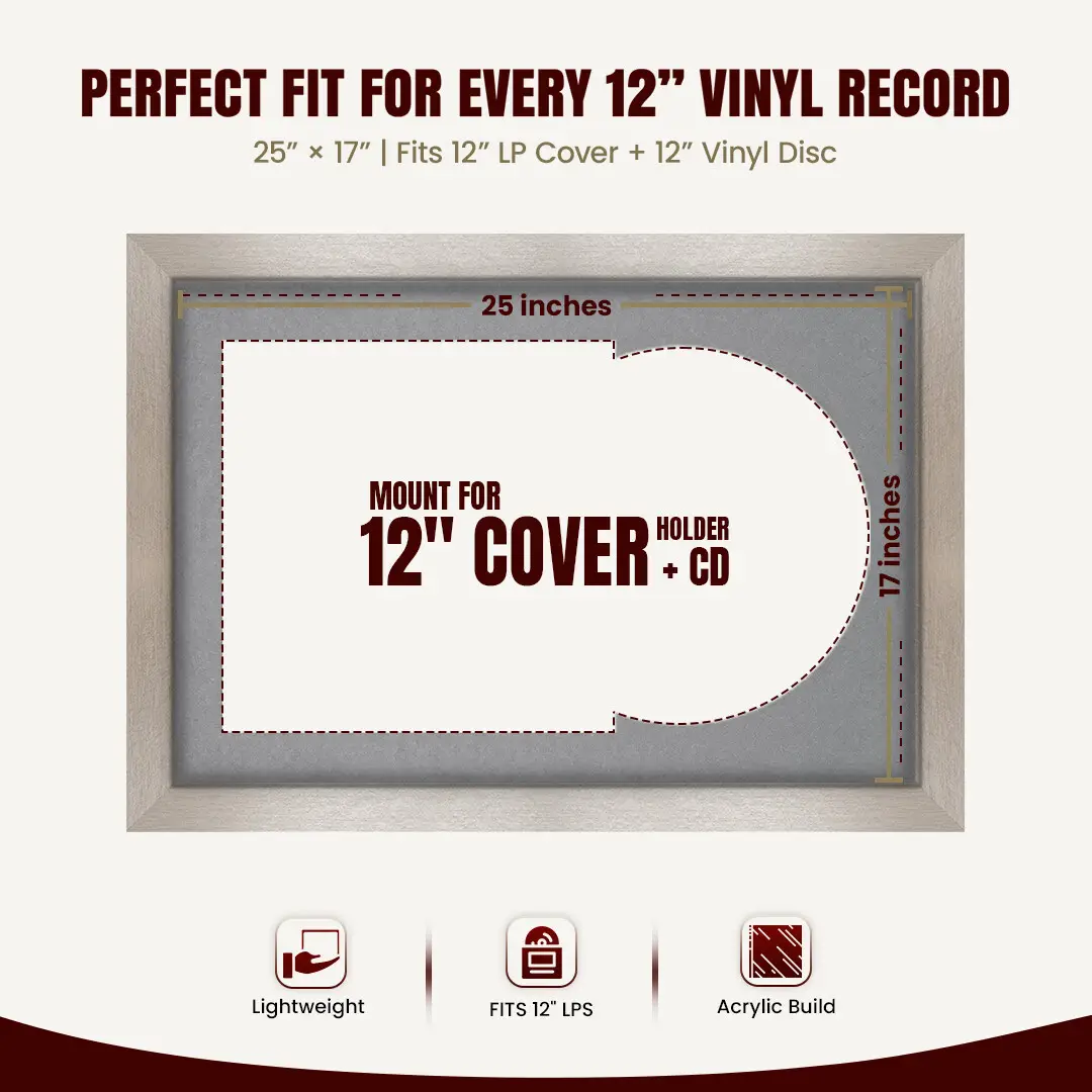 25x17" Modern Aluminium Vinyl Record Frame For 12 Inch LP Cover & Disc With Mid Grey Mount | Overlapped Vinyl Display thumbnail 3
