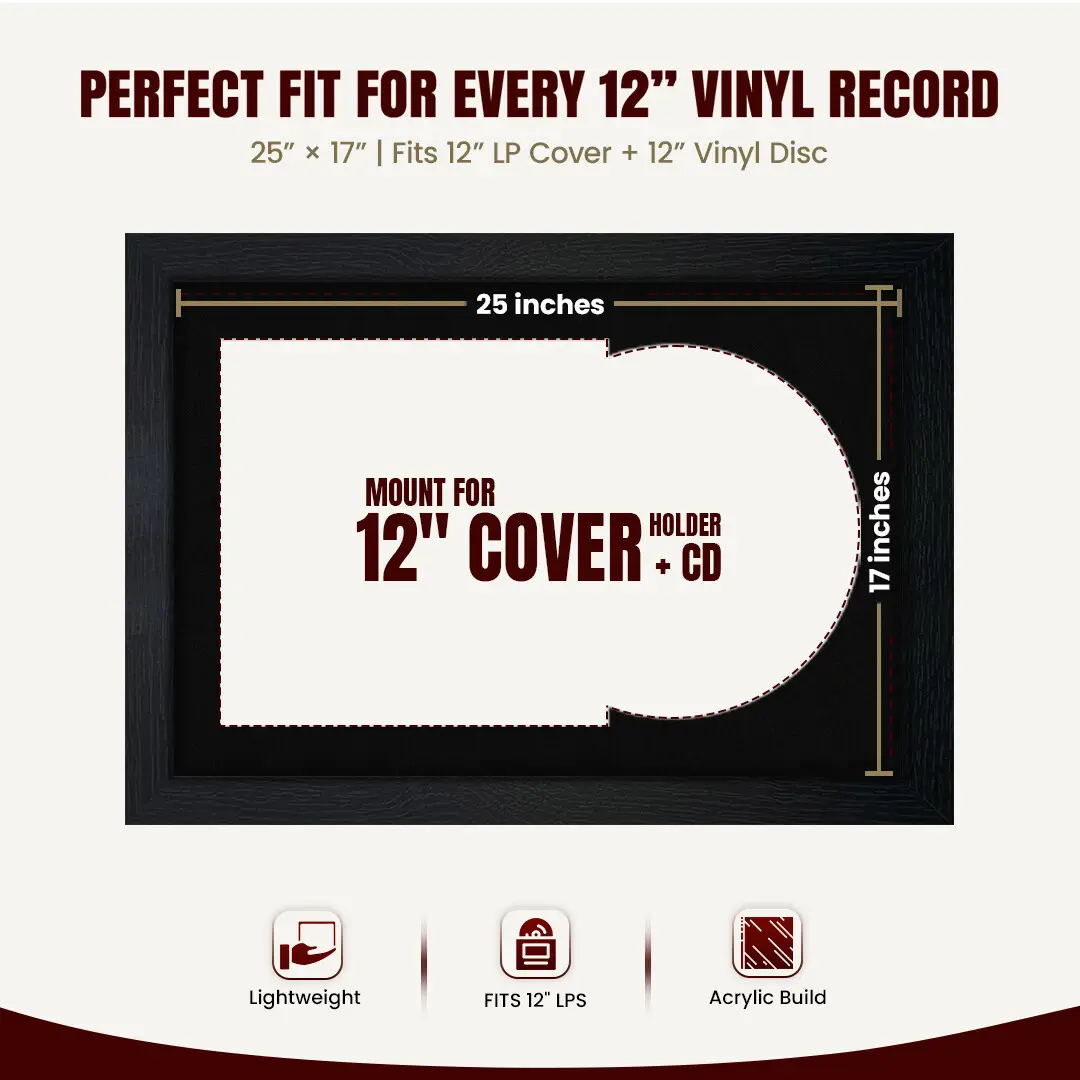 25x17" Modern Black Vinyl Record Frame For LP Cover & Disc With Black Mount | Overlapped Display thumbnail 3