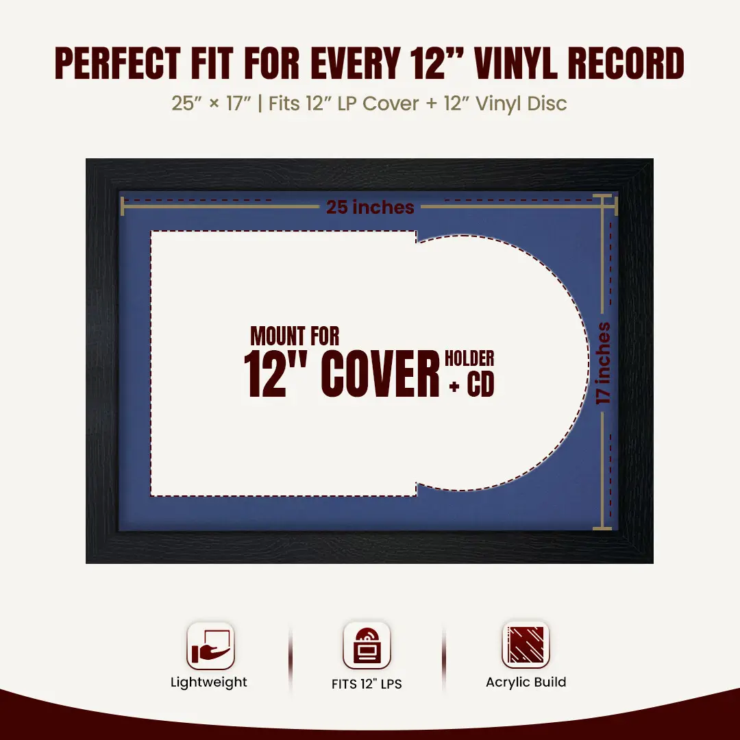 25x17" Modern Black Vinyl Record Frame For 12 Inch LP Cover & Disc With Blue Mount | Overlapped Vinyl Display thumbnail 3