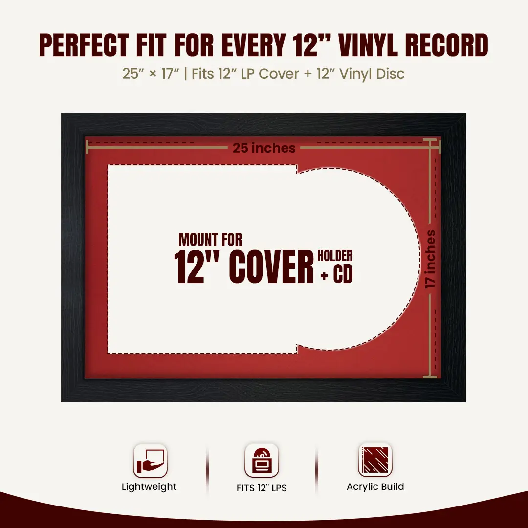 25x17" Modern Black Vinyl Record Frame For 12 Inch LP Cover & Disc (Overlapped) With Crimson Mount | Elegant Music Display thumbnail 3