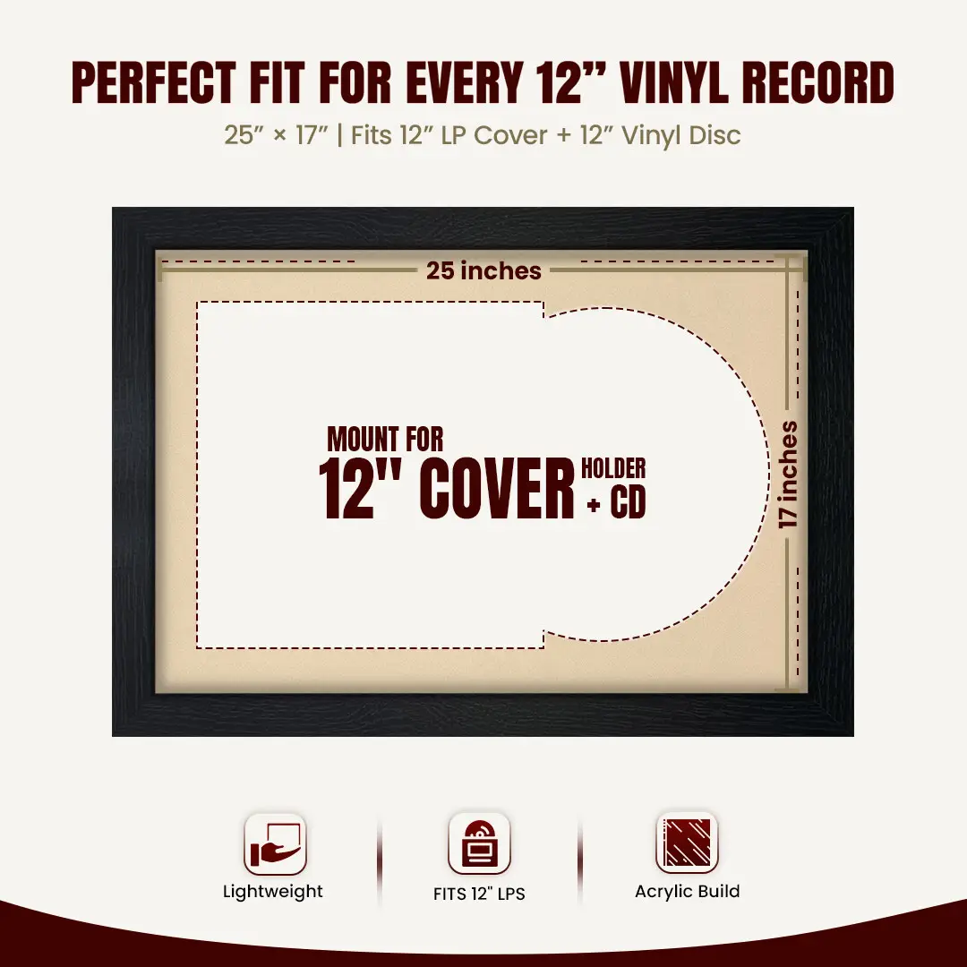 25x17" Modern Black Vinyl Record Frame For 12 Inch LP Cover & Disc With Ivory Mount | Overlapped Vinyl Display thumbnail 3