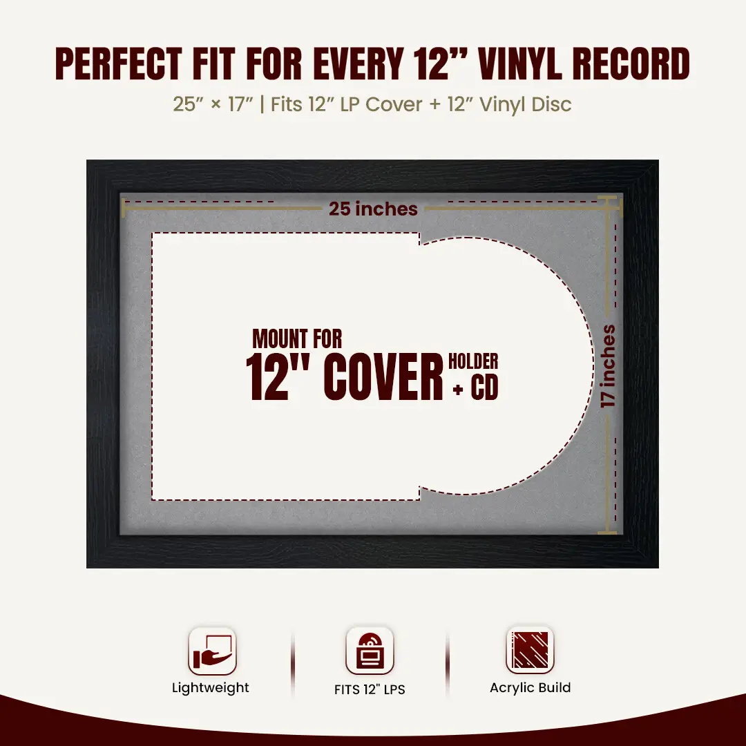 25x17" Modern Black Vinyl Record Frame For 12 Inch LP Cover & Disc (Overlapped) With Mid Grey Mount | Elegant Music Display thumbnail 3