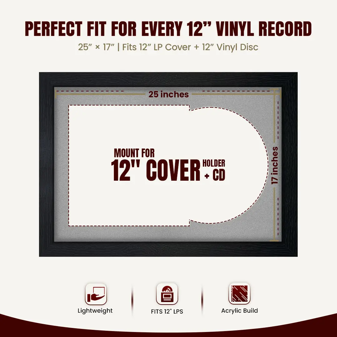 25x17" Modern Black Vinyl Record Frame For 12 Inch LP Cover & Disc (Overlapped) With Silver Mount | Elegant Music Display thumbnail 3