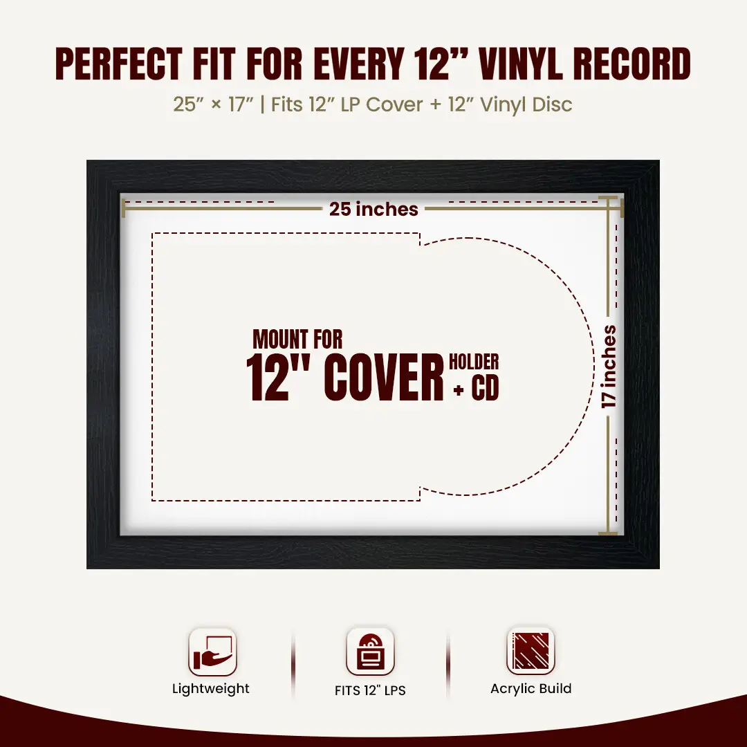 25x17" Modern Black Vinyl Record Frame For 12 Inch LP Cover & Disc (Overlapped) With Ice White Mount | Elegant Music Display thumbnail 3