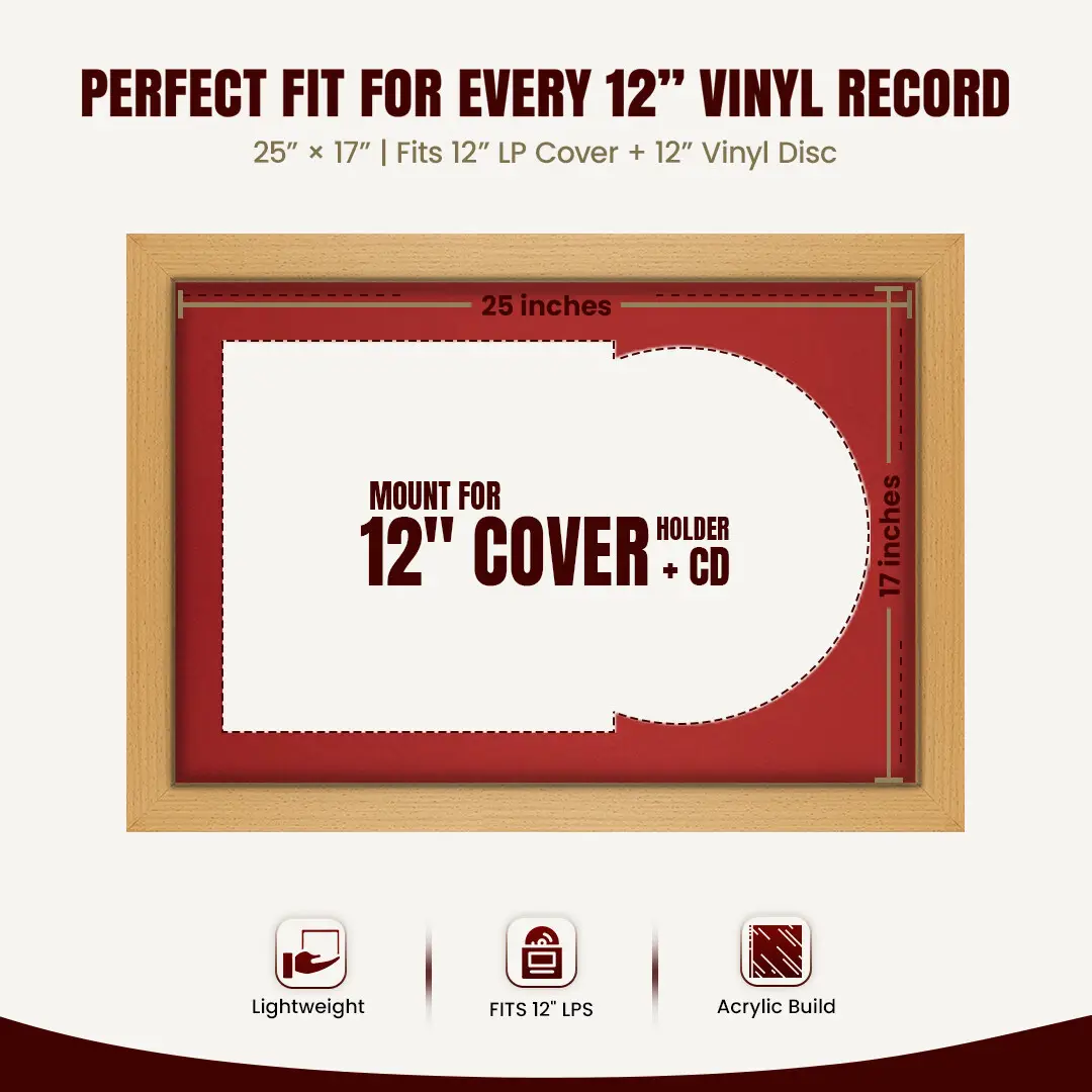 25x17" Modern Country Pine Vinyl Record Frame For 12 Inch LP Cover & Disc With Crimson Mount | Overlapped Vinyl Display thumbnail 3