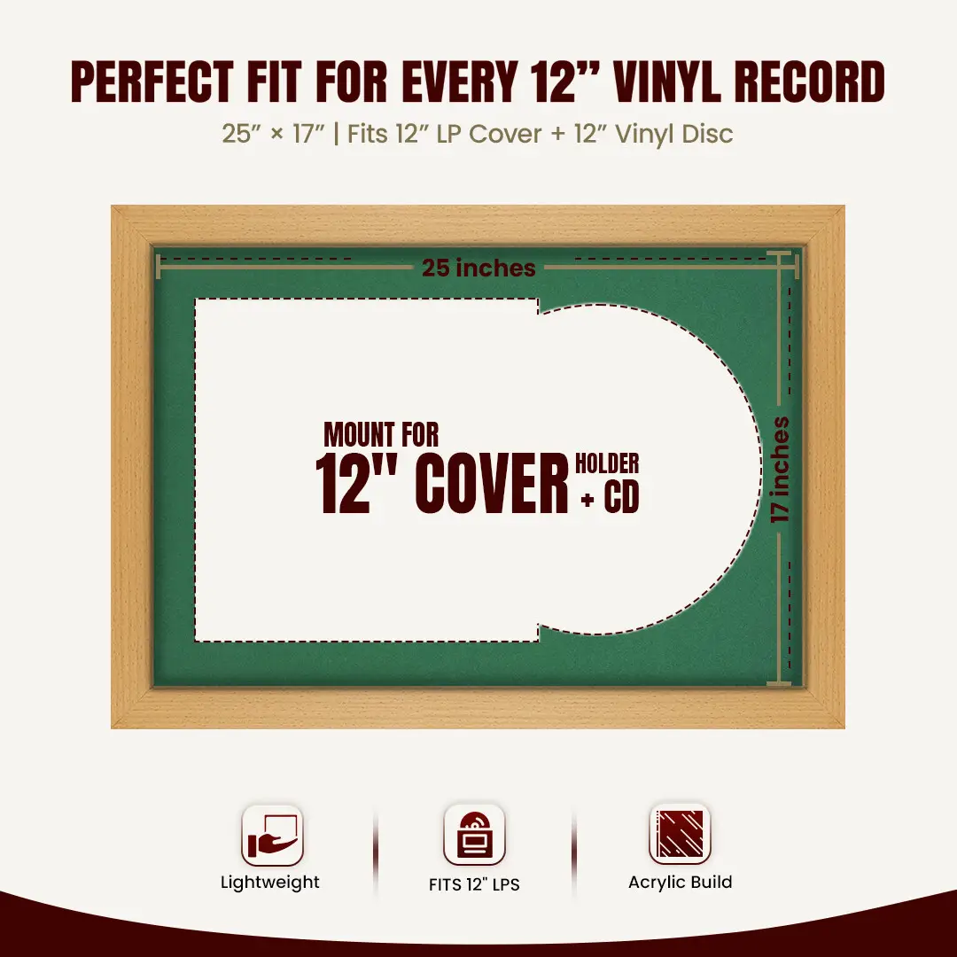 25x17" Modern Country Pine Vinyl Record Frame For 12 Inch LP Cover & Disc (Overlapped) With Emerald (Green) Mount | Elegant Music Display thumbnail 3