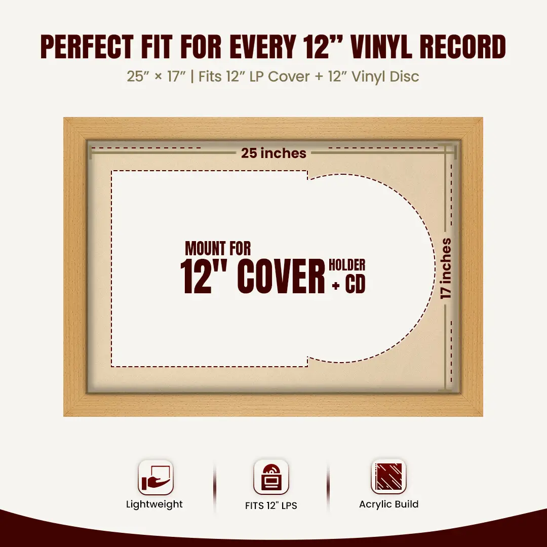 25x17" Modern Country Pine Vinyl Record Frame For 12 Inch LP Cover & Disc (Overlapped) With Ivory Mount | Elegant Music Display thumbnail 3