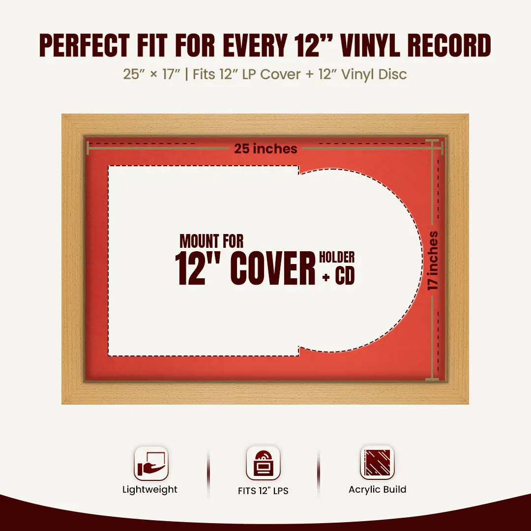 25x17" Modern Country Pine Vinyl Record Frame For 12 Inch LP Cover & Disc With Poppy Red Mount | Overlapped Vinyl Display thumbnail 3